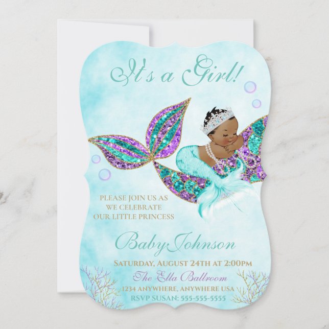African American Mermaid Baby SHower Glitter Tail Invitation (Front)