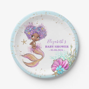African American Mermaid Baby Shower Paper Plate