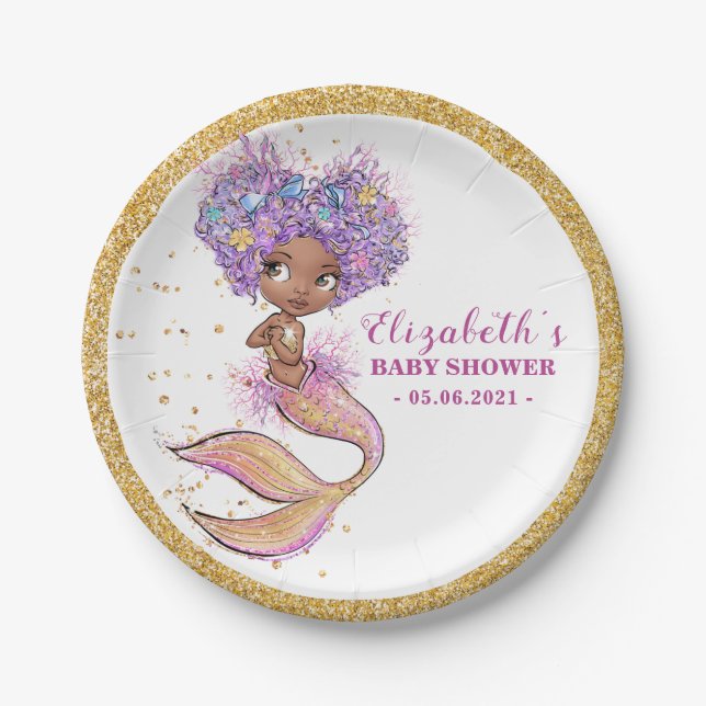 African American Mermaid Baby Shower Paper Plate (Front)