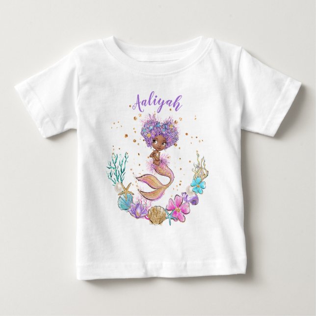 African American Mermaid Birthday Baby T-Shirt (Front)