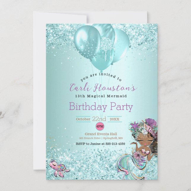 African American Mermaid Birthday Party Invitation (Front)