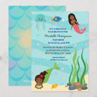 African American Mermaid Birthday Party Invitation