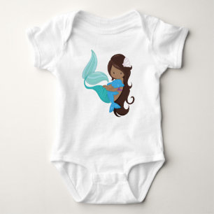 African American Mermaid, Brown Hair, Dolphin Baby Bodysuit