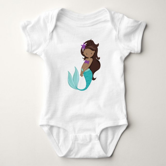 African American Mermaid, Brown Hair, Starfish Baby Bodysuit (Front)
