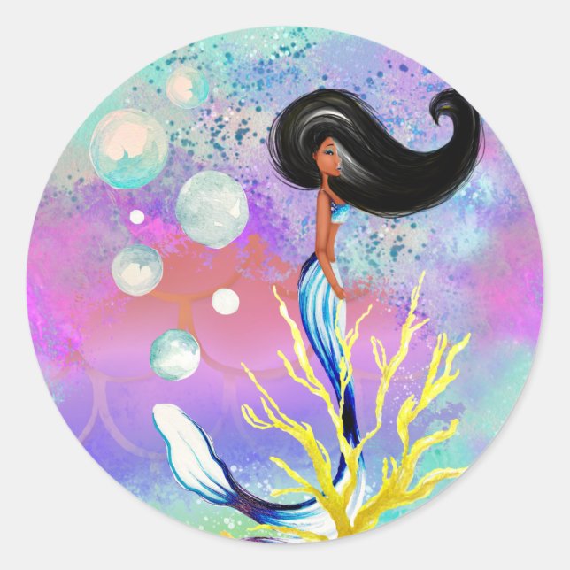 African American Mermaid Classic Round Sticker (Front)