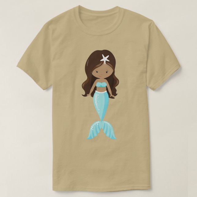 African American Mermaid Cute Mermaid Blue Tail T-Shirt (Design Front)
