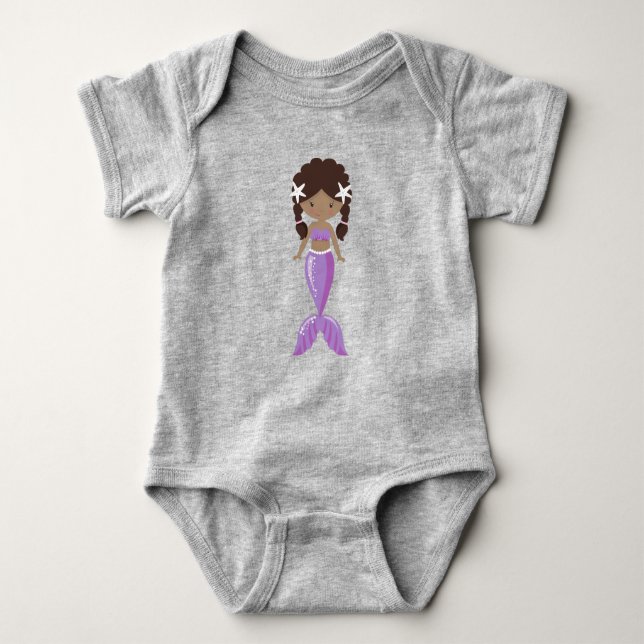 African American Mermaid, Cute Mermaid, Tail Baby Bodysuit (Front)