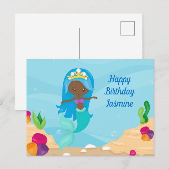 African American Mermaid Girl Custom Kids Birthday Postcard (Front/Back)