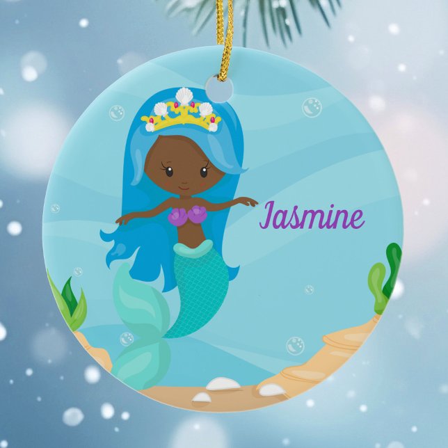 African American Mermaid Girl Cute Custom Kids Ceramic Tree Decoration (Creator Uploaded)