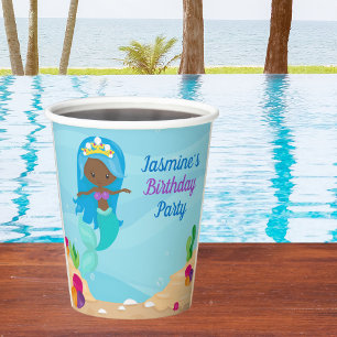African American Mermaid Girl Kids Birthday Party Paper Cups