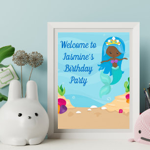 African American Mermaid Girl Kids Birthday Party Poster