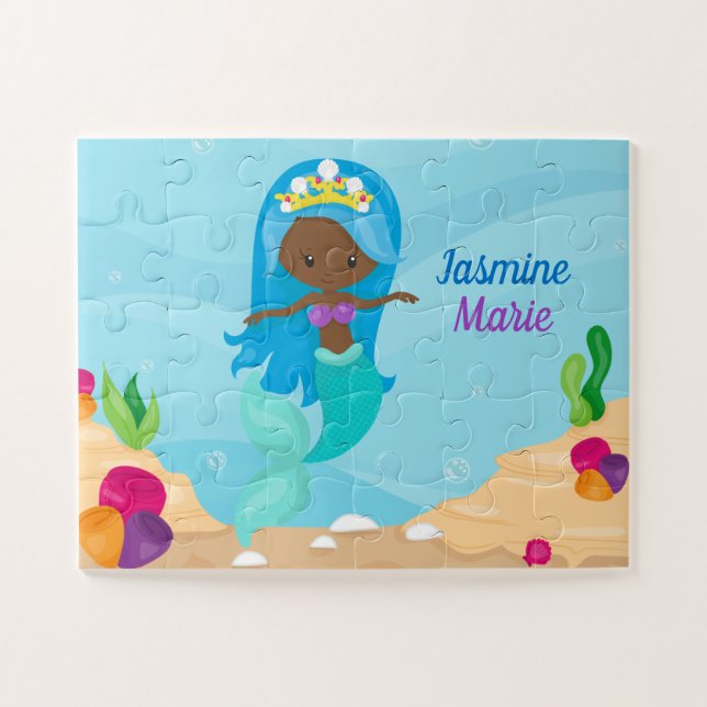 African American Mermaid Girl Kids Cute Custom Jigsaw Puzzle (Horizontal)
