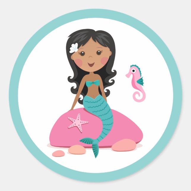 African American mermaid girl starfish seahorse Classic Round Sticker (Front)