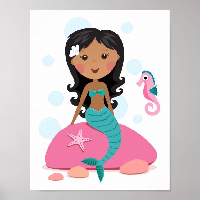 African American mermaid girl starfish seahorse Poster (Front)