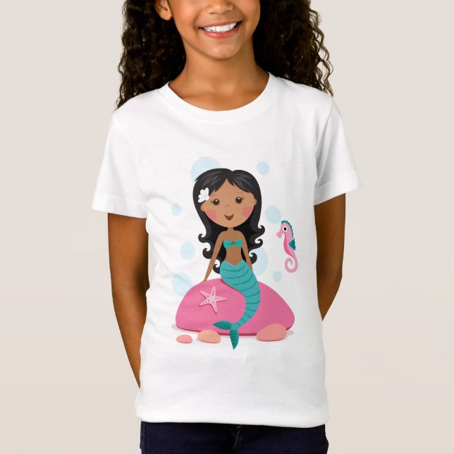 African American mermaid girl starfish seahorse T-Shirt (Front)