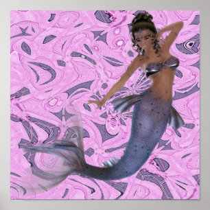 African American Mermaid on Fractal Print Poster