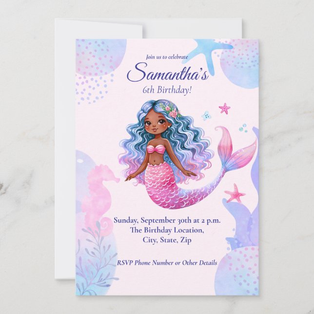 African American Mermaid Pink and Purple Party Invitation (Front)