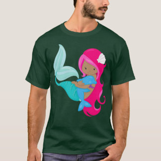 African American Mermaid Pink Hair Dolphin T-Shirt