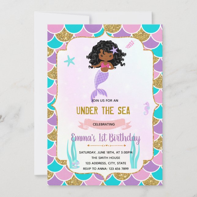 African American mermaid theme invitation (Front)