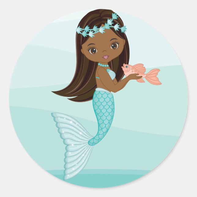 African American Mermaid with Fish Round Sticker (Front)