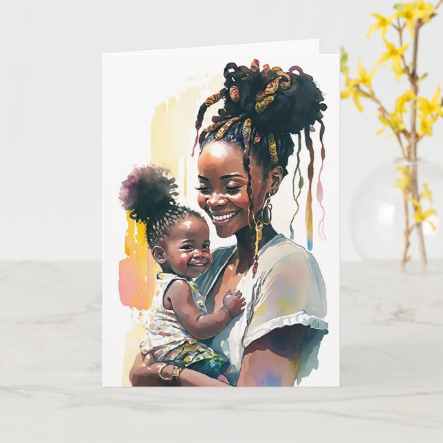 African-American Mother & Baby, Mothers Day Card (Yellow Flower)