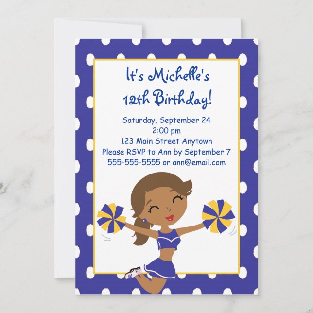 African American Navy Gold Cheerleader Invitations (Front)