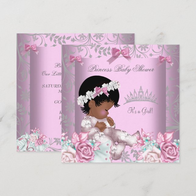 African American Pink and Grey Baby Shower Girl 3 Invitation (Front/Back)