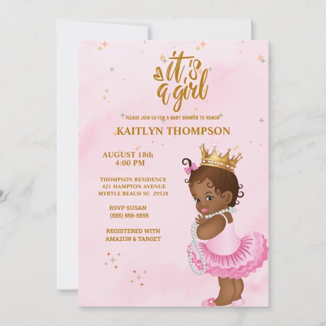  African American Pink Gold Princess Baby Shower Invitation (Front)