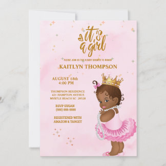 African American Pink Gold Princess Baby Shower Invitation