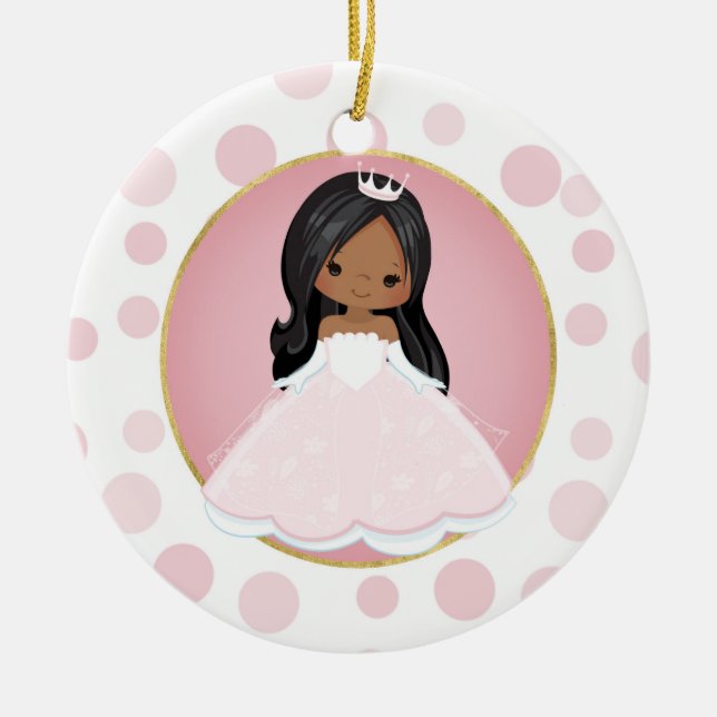 African American Pink Princess Ceramic Tree Decoration (Front)