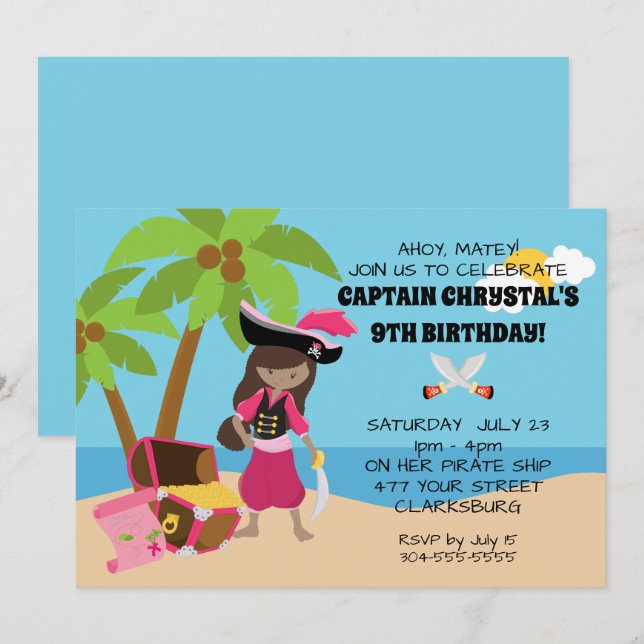 African American Pirate Girl Birthday Party Invitation (Front/Back)