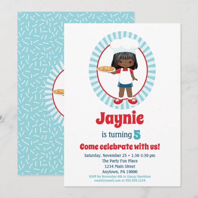 African American Pizza Party Girl - Pizza Birthday Invitation (Front/Back)