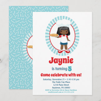 African American Pizza Party Girl - Pizza Birthday Invitation