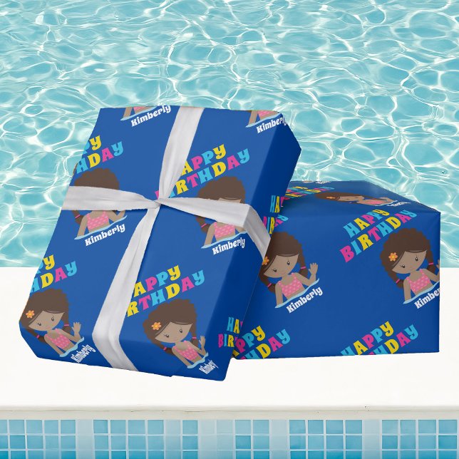 African American Pool Party Girl Custom  Birthday Wrapping Paper (Creator Uploaded)