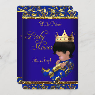African American Prince Baby Shower Blue Gold Boy Invitation