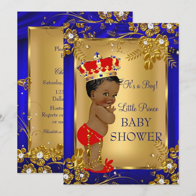African American Prince Baby Shower Gold Red DD1 Invitation (Front/Back)