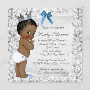 African American Prince Blue and Grey Baby Shower Invitation