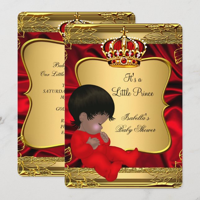 African American Prince Boy Baby Shower Red Gold Invitation (Front/Back)
