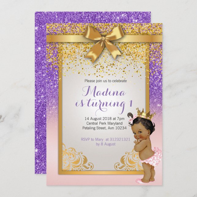 African American Princess 1st birthday invitations (Front/Back)
