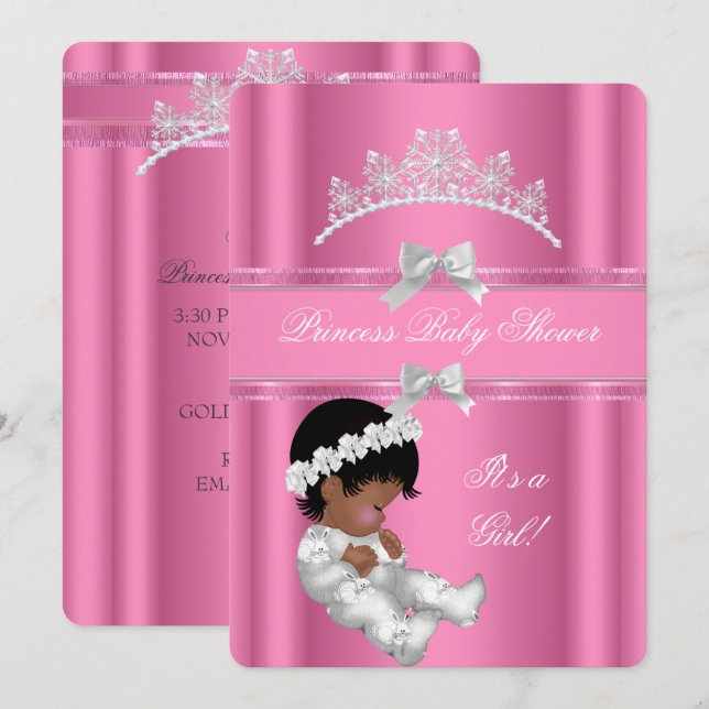 African American Princess Baby Shower Girl Pink Invitation (Front/Back)