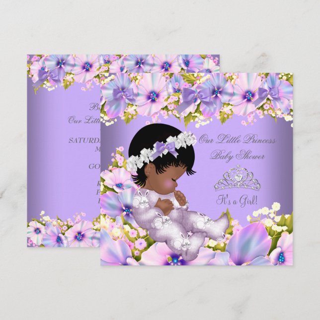 African American Princess Baby Shower Girl Purple Invitation (Front/Back)