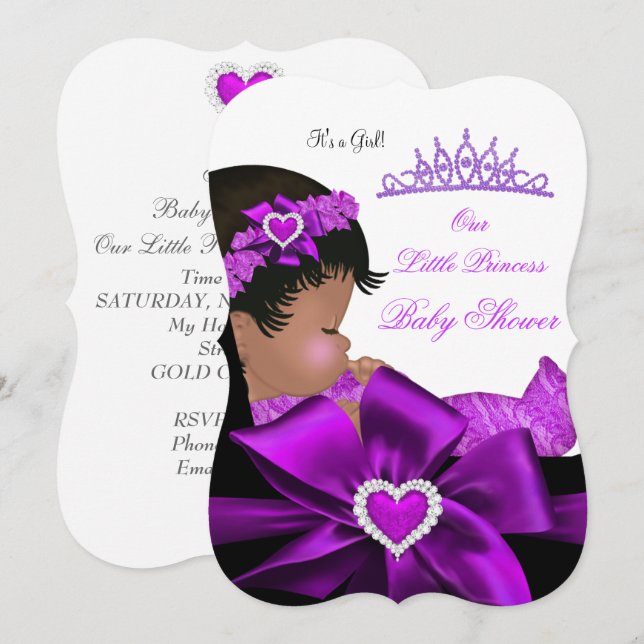 African American Princess Baby Shower Girl Purple Invitation (Front/Back)
