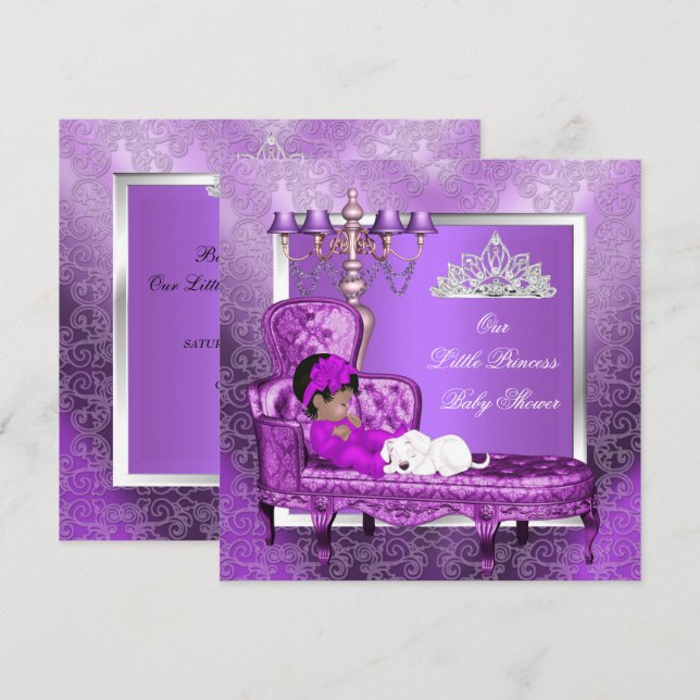 African American Princess Baby Shower Girl Purple Invitation (Front/Back)