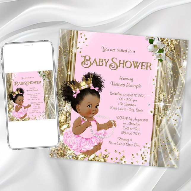 African American Princess Baby Shower Invitations (Pink gold princess baby shower invitation. Instant download and printed invitations available.)