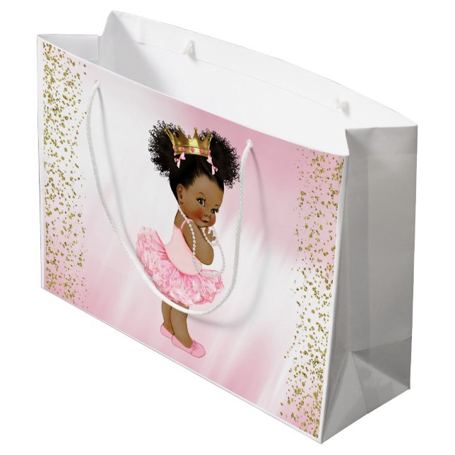 African American Princess Baby Shower Large Gift Bag (Back Angled)