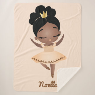 African American Princess Ballerina w/Crown Beige  Sherpa Blanket