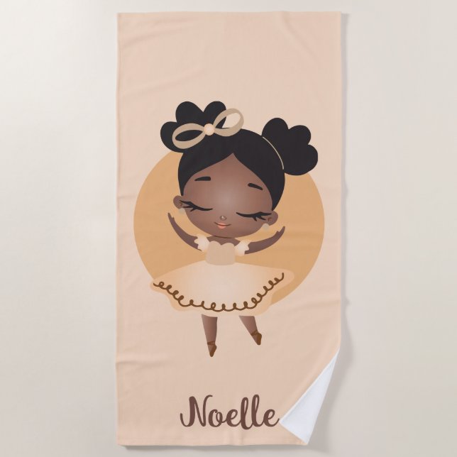 African American Princess Ballerina with Bow Beach Towel (Front)