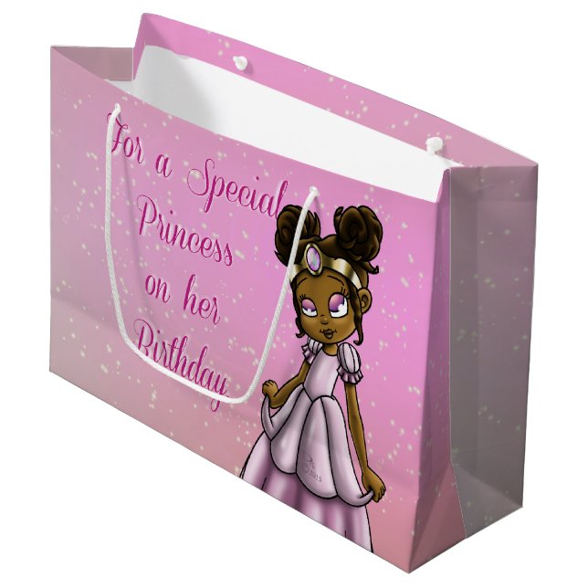 African American Princess Birthday Large Gift Bag (Front Angled)