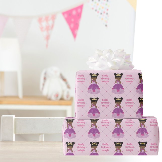 African American Princess Cute Custom Birthday Wrapping Paper (Creator Uploaded)
