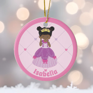 African American Princess Cute Pink Christmas Ceramic Tree Decoration